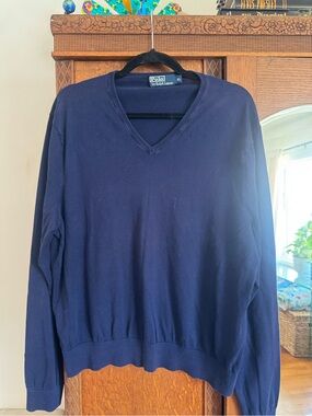 Polo Ralph Lauren V-Neck Sweater Men's XL Navy Blue 100% Egyptian Cotton